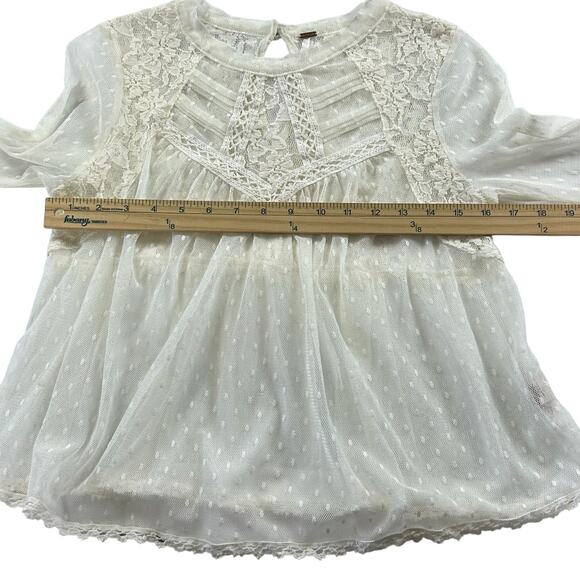 Free People Lace Top Women Sze Medium Ivory White Boho Romantic Sheer Dot Blouse - Picture 13 of 14
